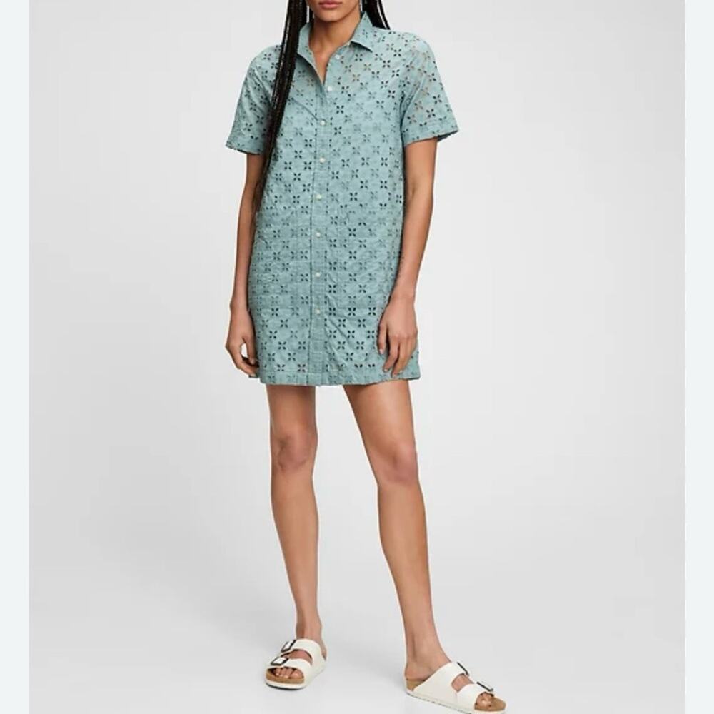 GAP light blue eyelet lace mini button front dress